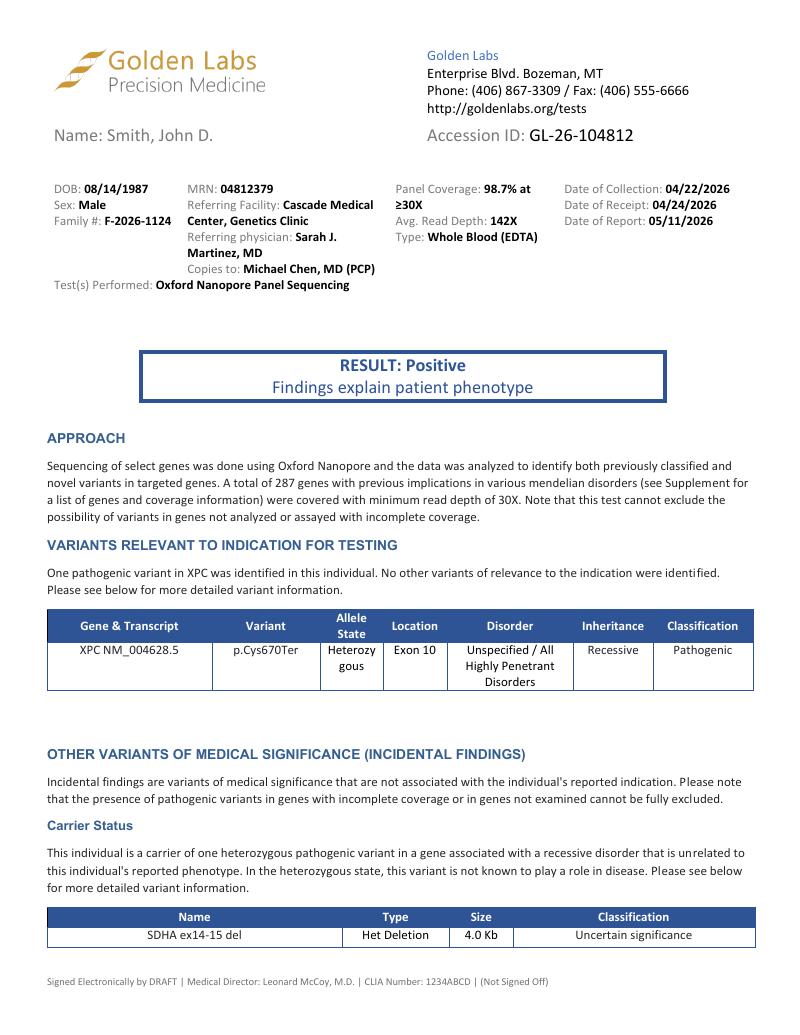 First page of the example VarSeq HerCan clinical report