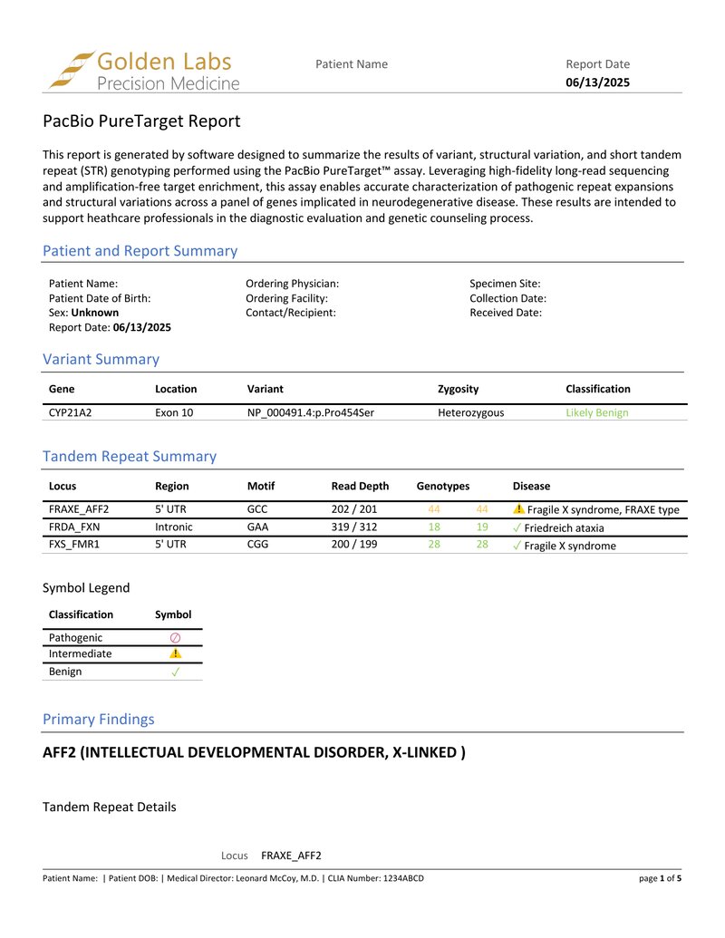 First page of the example PureTarget Carrier clinical report